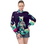 Bear Astronaut Futuristic High Neck Long Sleeve Chiffon Top