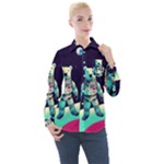 Bear Astronaut Futuristic Women s Long Sleeve Pocket Shirt