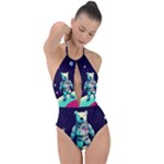 Bear Astronaut Futuristic Plunge Cut Halter Swimsuit
