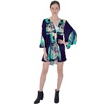Bear Astronaut Futuristic V-Neck Flare Sleeve Mini Dress