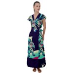 Bear Astronaut Futuristic Flutter Sleeve Maxi Dress