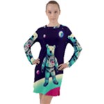 Bear Astronaut Futuristic Long Sleeve Hoodie Dress