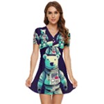 Bear Astronaut Futuristic V-Neck High Waist Chiffon Mini Dress