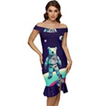 Bear Astronaut Futuristic Off Shoulder Ruffle Split Hem Bodycon Dress