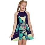 Bear Astronaut Futuristic Kids  Halter Collar Waist Tie Chiffon Dress