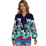 Bear Astronaut Futuristic Women s Long Sleeve Button Up Shirt
