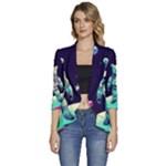 Bear Astronaut Futuristic Women s 3/4 Sleeve Ruffle Edge Open Front Jacket