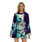 Bear Astronaut Futuristic Round Neck Long Sleeve Bohemian Style Chiffon Mini Dress