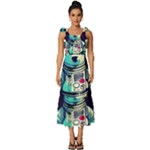 Bear Astronaut Futuristic Tie-Strap Tiered Midi Chiffon Dress