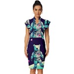 Bear Astronaut Futuristic Vintage Frill Sleeve V-Neck Bodycon Dress