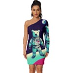 Bear Astronaut Futuristic Long Sleeve One Shoulder Mini Dress