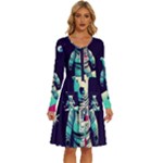 Bear Astronaut Futuristic Long Sleeve Dress With Pocket