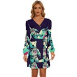 Bear Astronaut Futuristic Long Sleeve Waist Tie Ruffle Velvet Dress