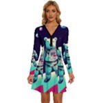 Bear Astronaut Futuristic Long Sleeve Deep V Mini Dress 
