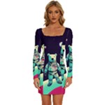 Bear Astronaut Futuristic Long Sleeve Square Neck Bodycon Velvet Dress