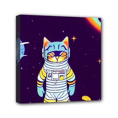 Cat Astronaut Space Retro Universe Mini Canvas 6  x 6  (Stretched) from ArtsNow.com