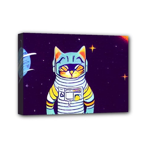 Cat Astronaut Space Retro Universe Mini Canvas 7  x 5  (Stretched) from ArtsNow.com