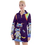 Cat Astronaut Space Retro Universe Women s Long Sleeve Casual Dress