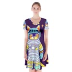 Cat Astronaut Space Retro Universe Short Sleeve V-neck Flare Dress