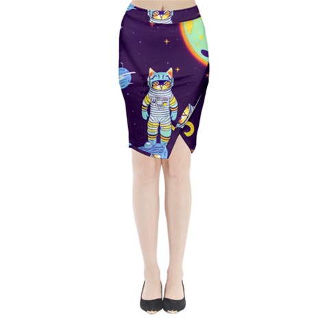 Cat Astronaut Space Retro Universe Midi Wrap Pencil Skirt from ArtsNow.com