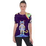 Cat Astronaut Space Retro Universe Shoulder Cut Out Short Sleeve Top