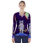 Cat Astronaut Space Retro Universe V-Neck Long Sleeve Top