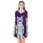 Cat Astronaut Space Retro Universe Long Sleeve V-neck Flare Dress