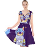 Cat Astronaut Space Retro Universe Cap Sleeve Front Wrap Midi Dress