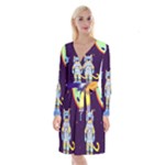 Cat Astronaut Space Retro Universe Long Sleeve Velvet Front Wrap Dress