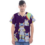 Cat Astronaut Space Retro Universe Men s V-Neck Scrub Top