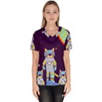 Cat Astronaut Space Retro Universe Women s V-Neck Scrub Top