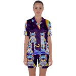 Cat Astronaut Space Retro Universe Satin Short Sleeve Pajamas Set