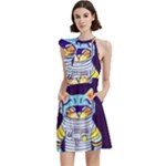 Cat Astronaut Space Retro Universe Cocktail Party Halter Sleeveless Dress With Pockets