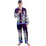 Cat Astronaut Space Retro Universe Men s Long Sleeve Satin Pajamas Set