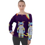 Cat Astronaut Space Retro Universe Off Shoulder Long Sleeve Velour Top