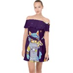 Cat Astronaut Space Retro Universe Off Shoulder Chiffon Dress