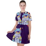 Cat Astronaut Space Retro Universe Short Sleeve Shoulder Cut Out Dress 