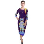 Cat Astronaut Space Retro Universe Quarter Sleeve Midi Velour Bodycon Dress