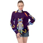 Cat Astronaut Space Retro Universe High Neck Long Sleeve Chiffon Top