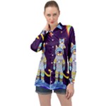 Cat Astronaut Space Retro Universe Long Sleeve Satin Shirt