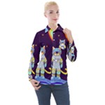 Cat Astronaut Space Retro Universe Women s Long Sleeve Pocket Shirt