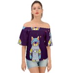 Cat Astronaut Space Retro Universe Off Shoulder Short Sleeve Top