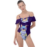 Cat Astronaut Space Retro Universe Frill Detail One Piece Swimsuit
