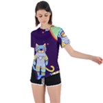 Cat Astronaut Space Retro Universe Asymmetrical Short Sleeve Sports T-Shirt