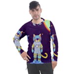Cat Astronaut Space Retro Universe Men s Pique Long Sleeve T-Shirt