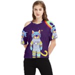 Cat Astronaut Space Retro Universe One Shoulder Cut Out T-Shirt