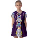 Cat Astronaut Space Retro Universe Kids  Short Sleeve Pinafore Style Dress