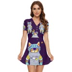 Cat Astronaut Space Retro Universe V-Neck High Waist Chiffon Mini Dress