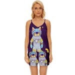 Cat Astronaut Space Retro Universe V-Neck Satin Pajamas Set