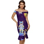 Cat Astronaut Space Retro Universe Off Shoulder Ruffle Split Hem Bodycon Dress